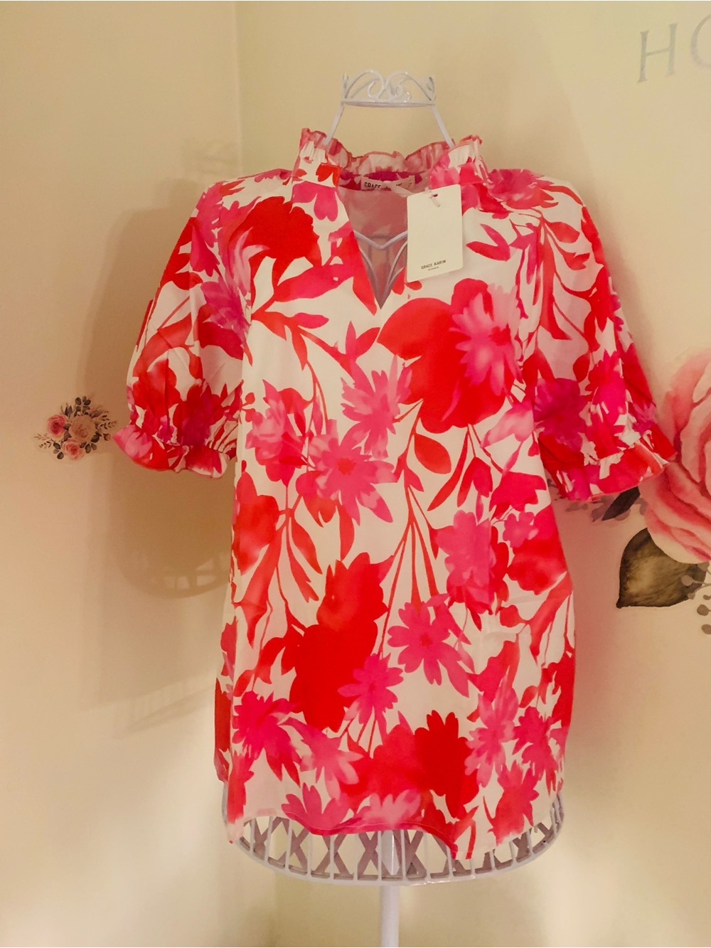 Grace Karin Boho Summer Cotton Top White Red Floral Size Large Tropical
